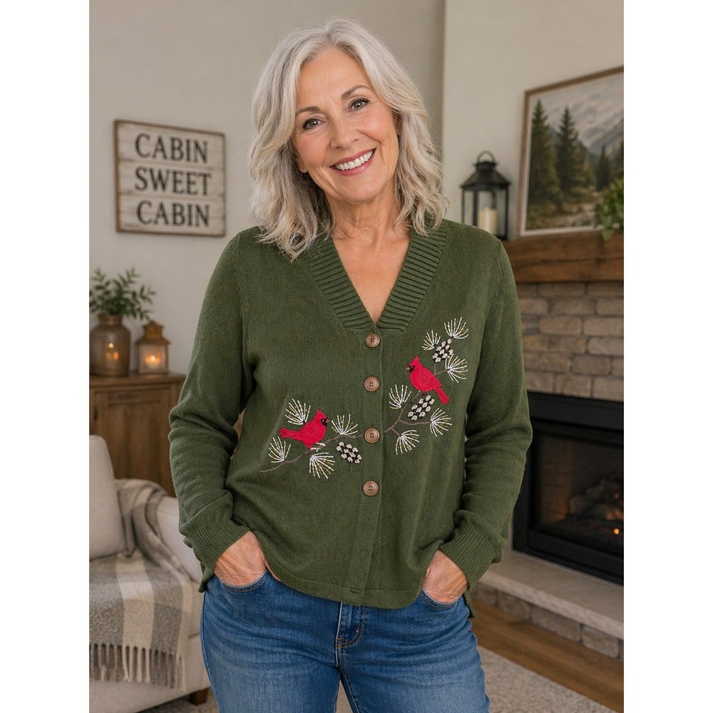Cardinal Embroidery Womens 3X Olive‎ Green cardigan grandma cottage cabincore